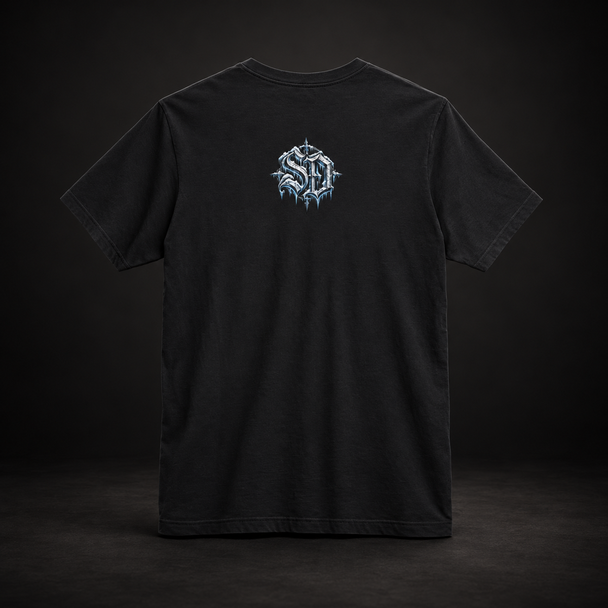 Vintage Black Gothic Snowman Tee, back view with an icy SD mark.