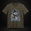 Army Gothic Snowman Tee, front view with icy snowman artwork and Sacred Divine lettering.