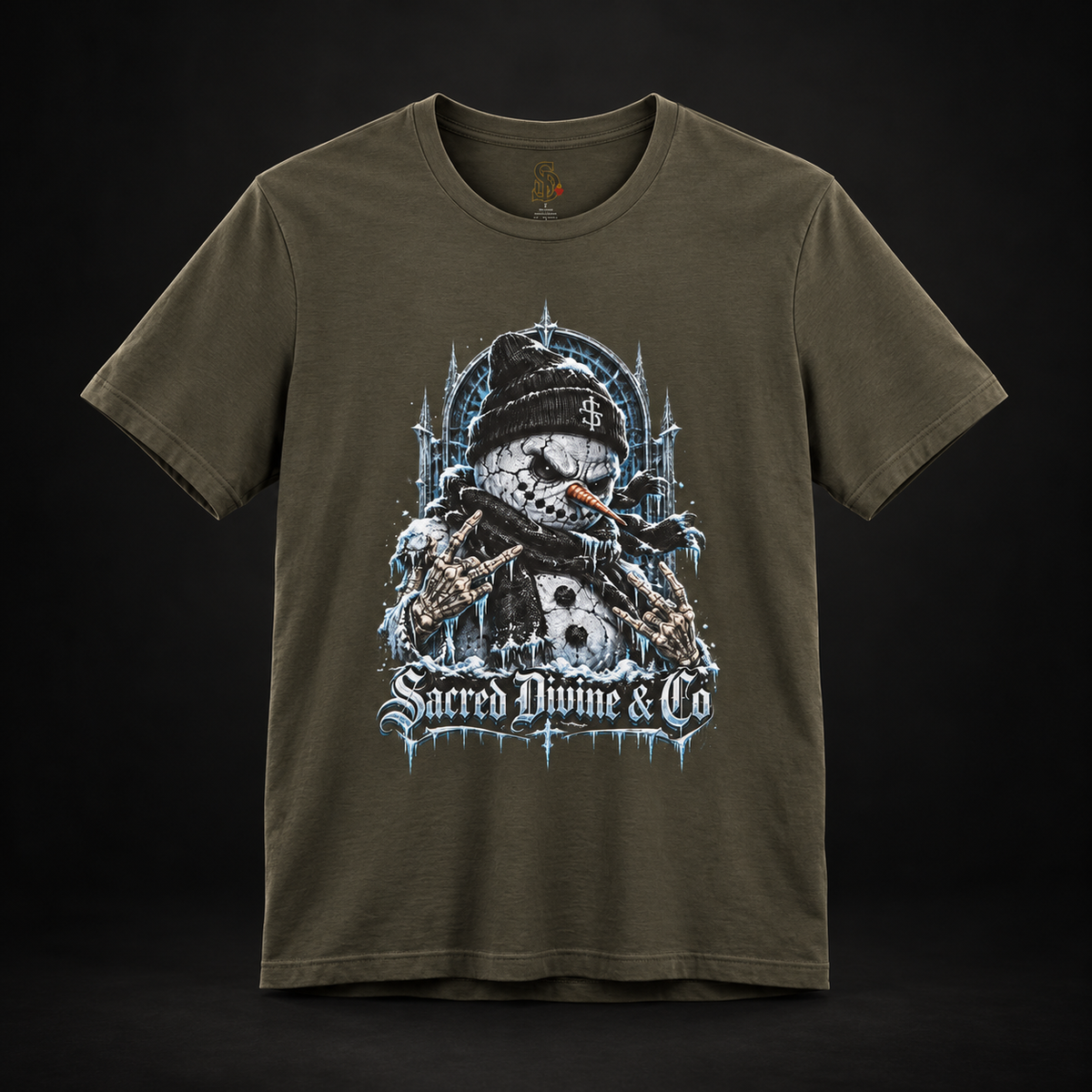 Army Gothic Snowman Tee, front view with icy snowman artwork and Sacred Divine lettering.