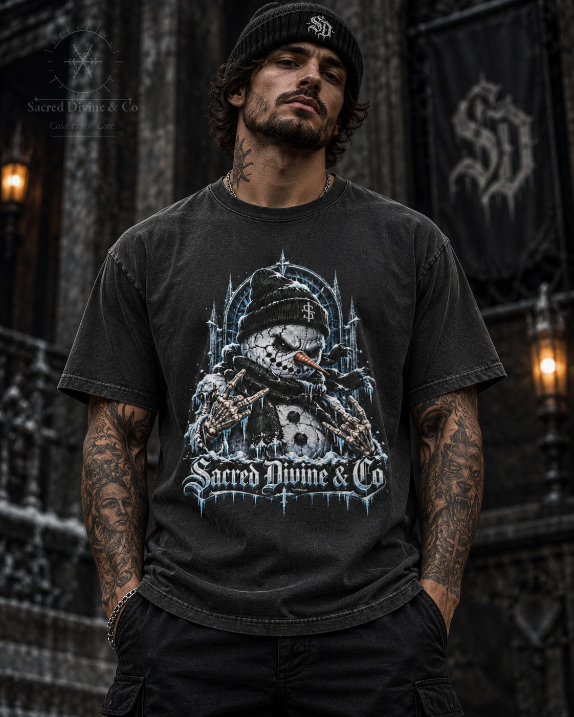 Model wearing a Vintage Black Gothic Snowman Tee, front view in a dark gothic street setting.