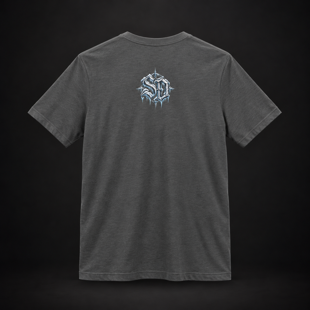Asphalt Gothic Snowman Tee, back view with an icy SD mark.