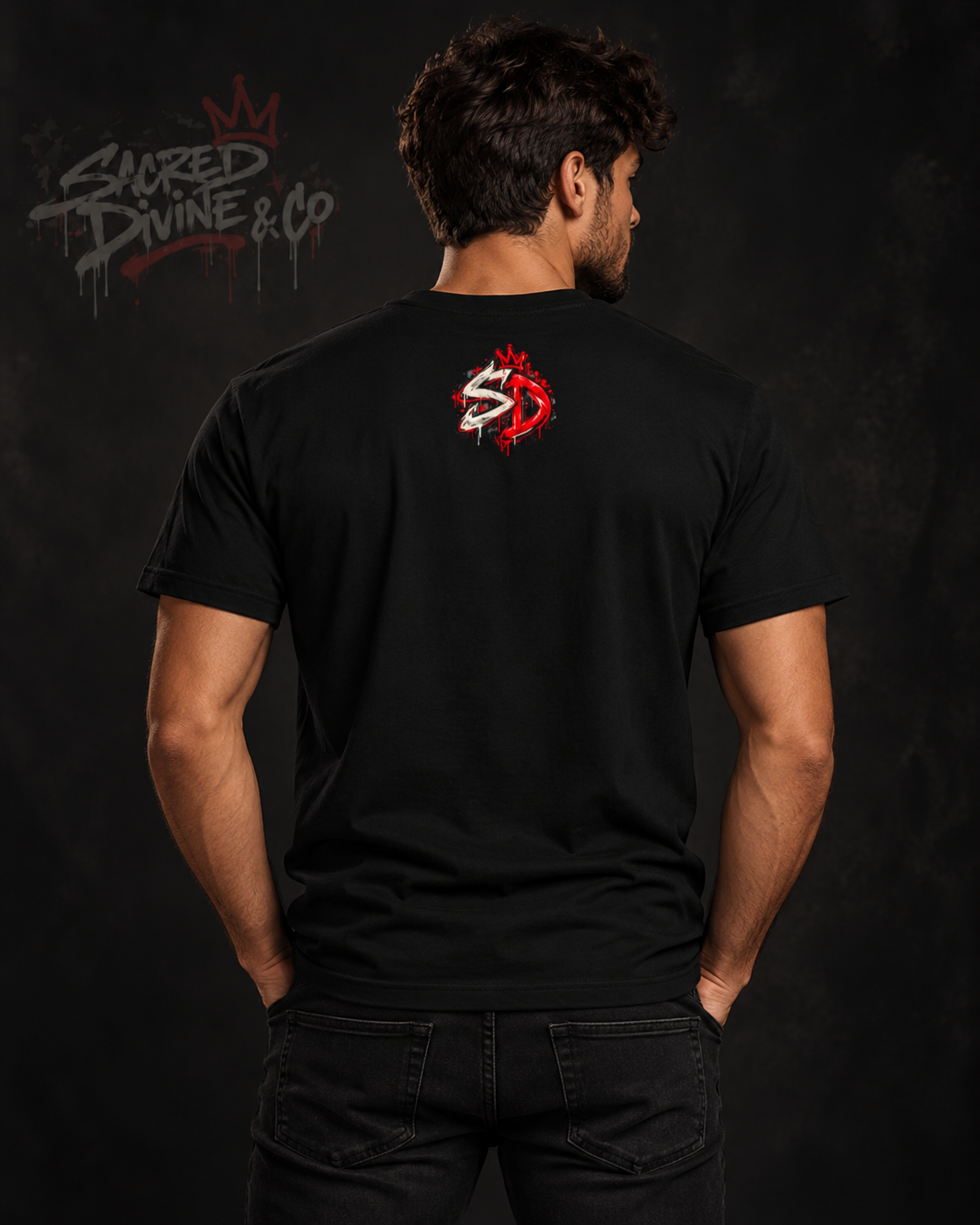 Model wearing a Black Saint Nick After Dark Tee, back view with the red and white SD graphic.