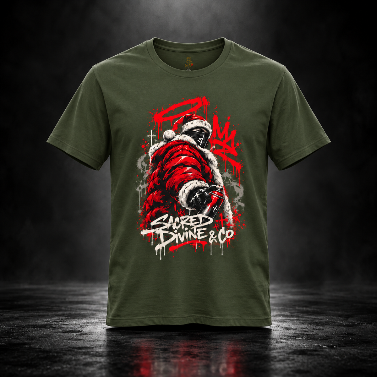 Military Green Saint Nick After Dark Tee, front view with red masked Santa artwork.