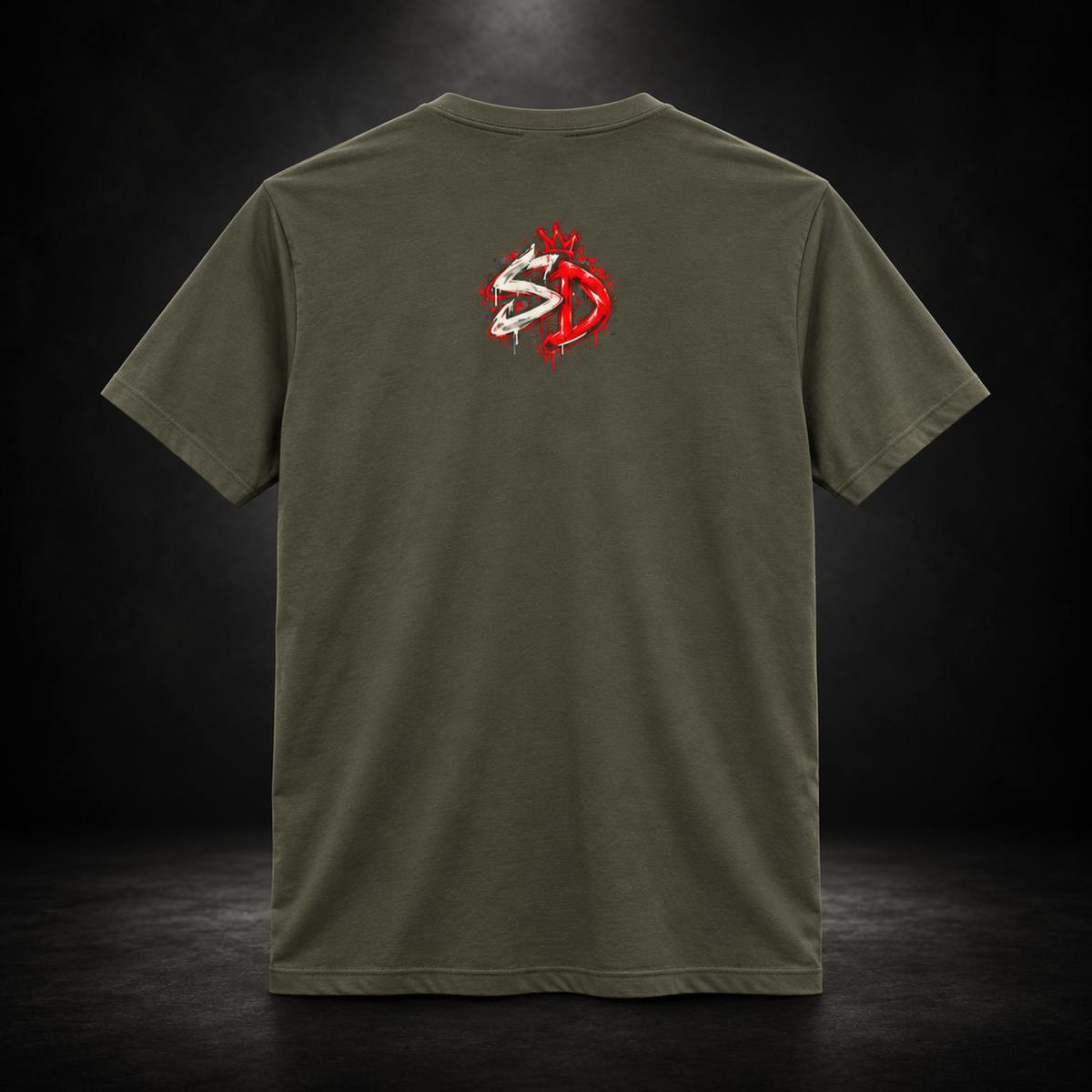 Army Saint Nick After Dark Tee, back view with red and white crowned SD artwork.