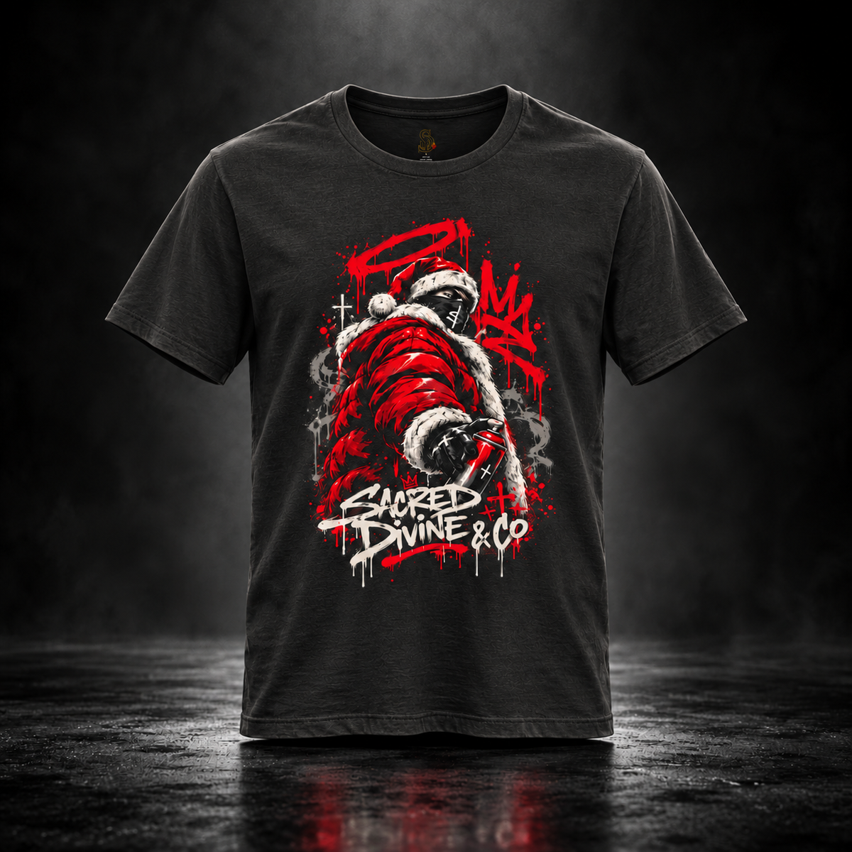 Vintage Black Saint Nick After Dark Tee, front view with red masked Santa graffiti artwork.