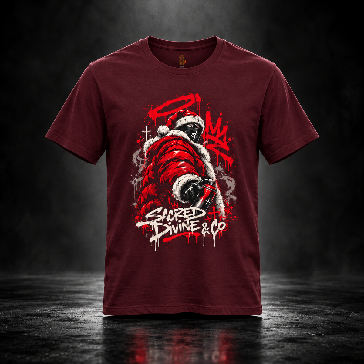Maroon Saint Nick After Dark Tee, front view with red masked Santa artwork.