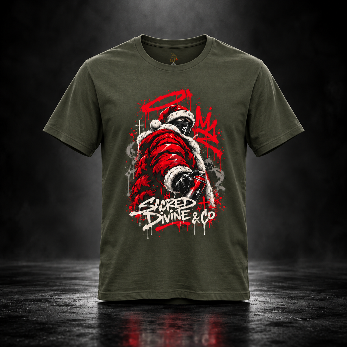 Army Saint Nick After Dark Tee, front view with red masked Santa and Sacred Divine lettering.