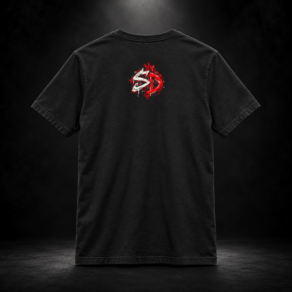Vintage Black Saint Nick After Dark Tee, back view with red and white SD artwork.