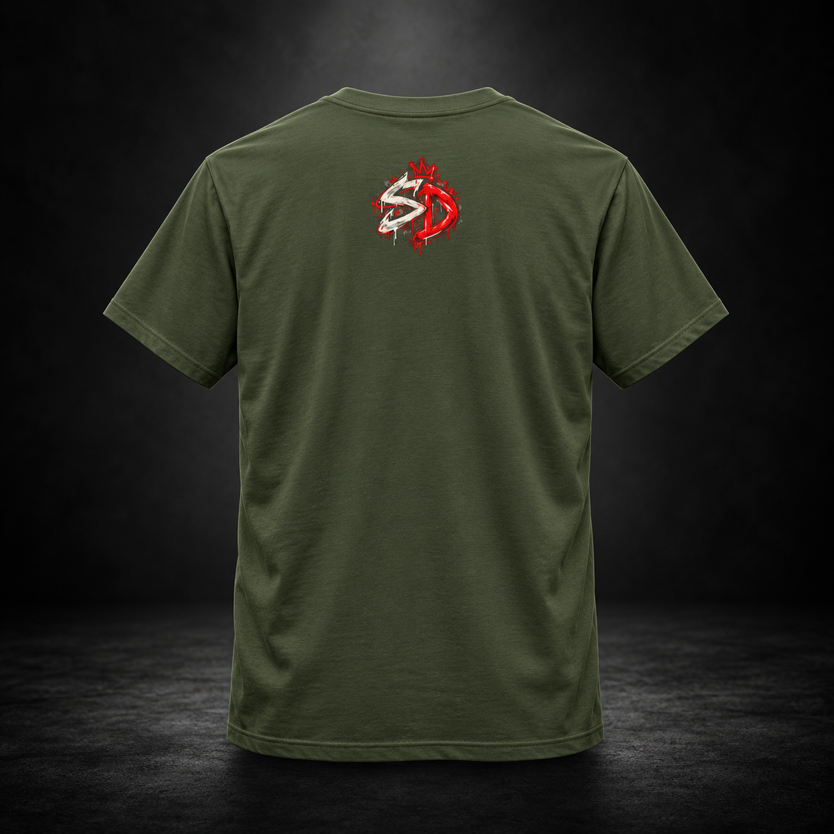 Military Green Saint Nick After Dark Tee, back view with red and white SD artwork.