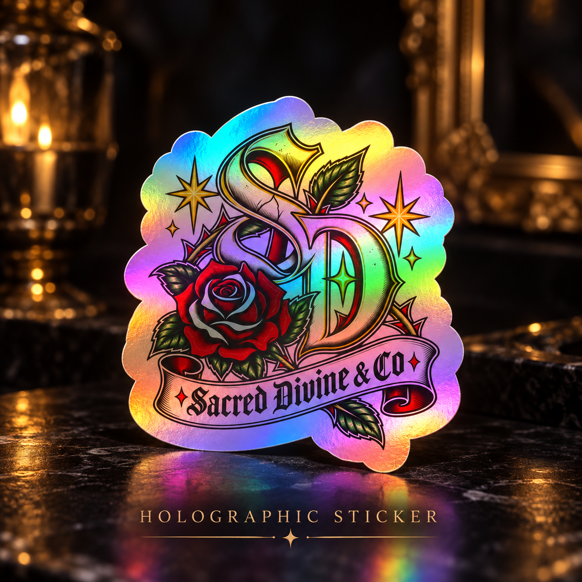 Gallery image 4: Sacred Divine Rose Monogram Decal featuring Sacred Divine SD monogram, red rose, green leaves, and gold stars.