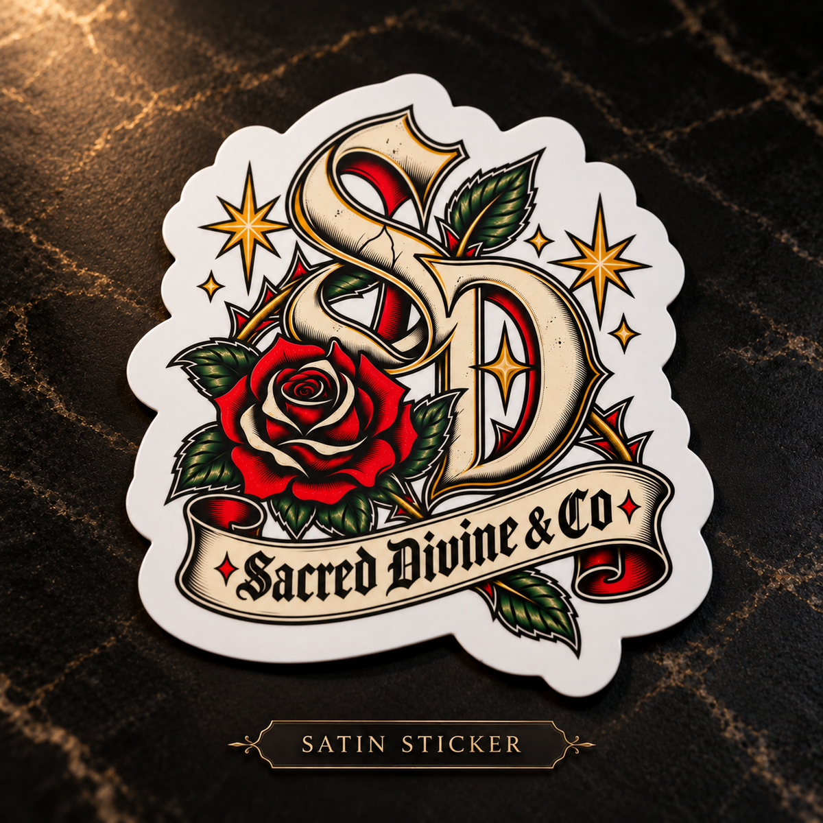 Gallery image 6: Sacred Divine Rose Monogram Decal featuring Sacred Divine SD monogram, red rose, green leaves, and gold stars.