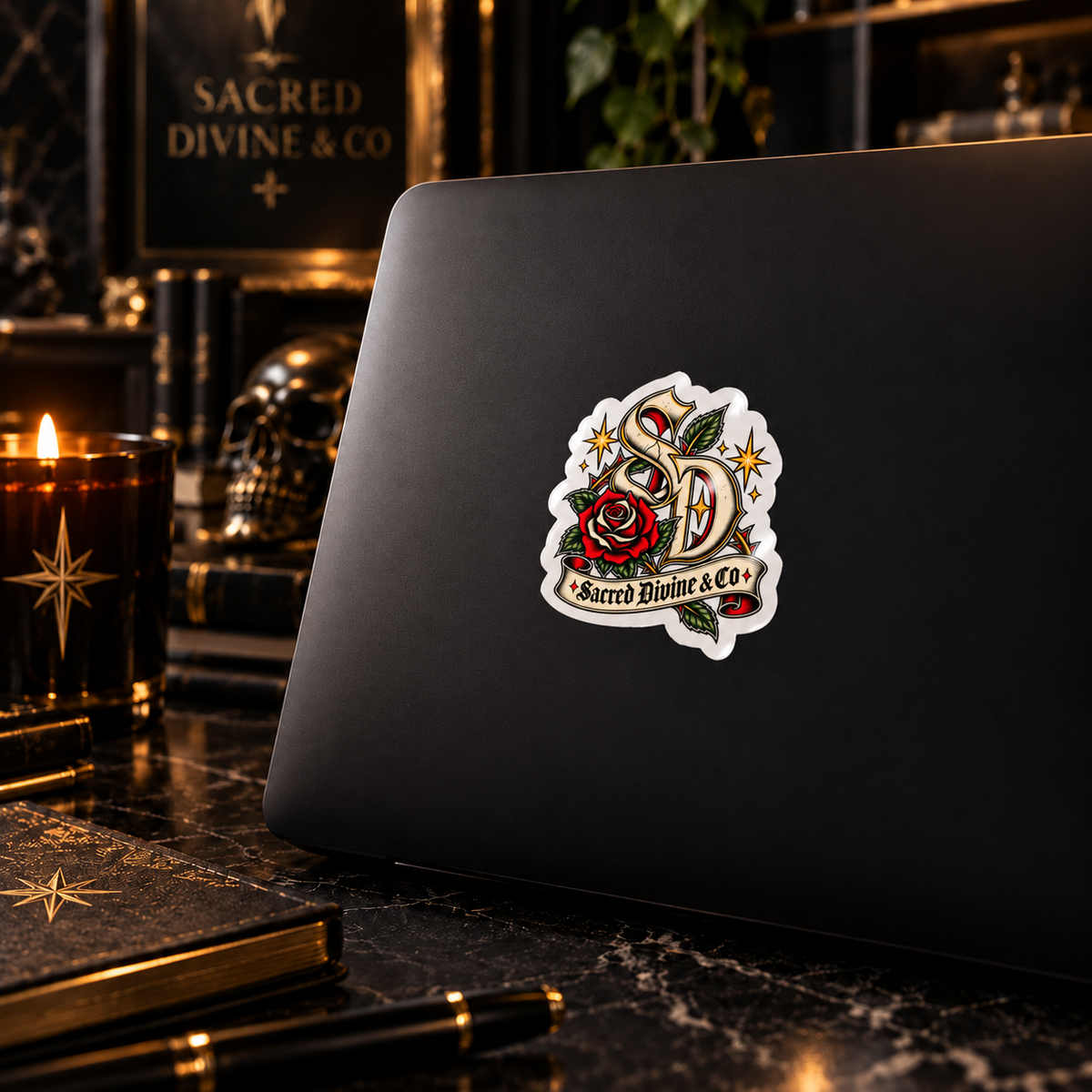 Gallery image 3: Sacred Divine Rose Monogram Decal featuring Sacred Divine SD monogram, red rose, green leaves, and gold stars.