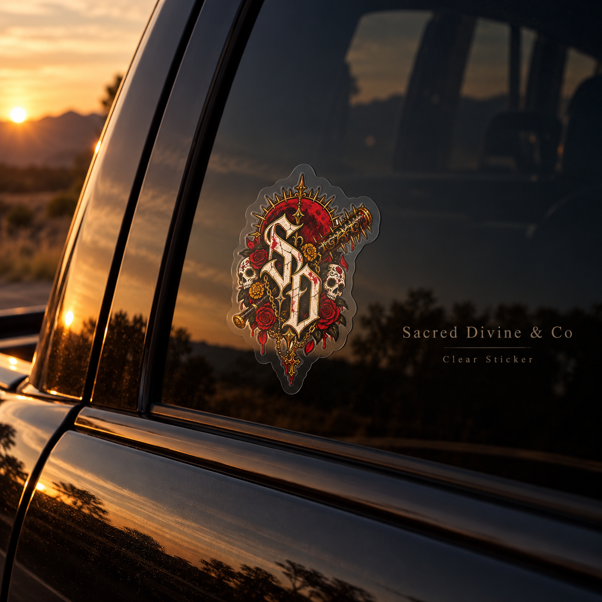 Gallery image 7: Dagger Skull & Roses Decal featuring SD lettering, skulls, red roses, gold detail, and a diagonal dagger.
