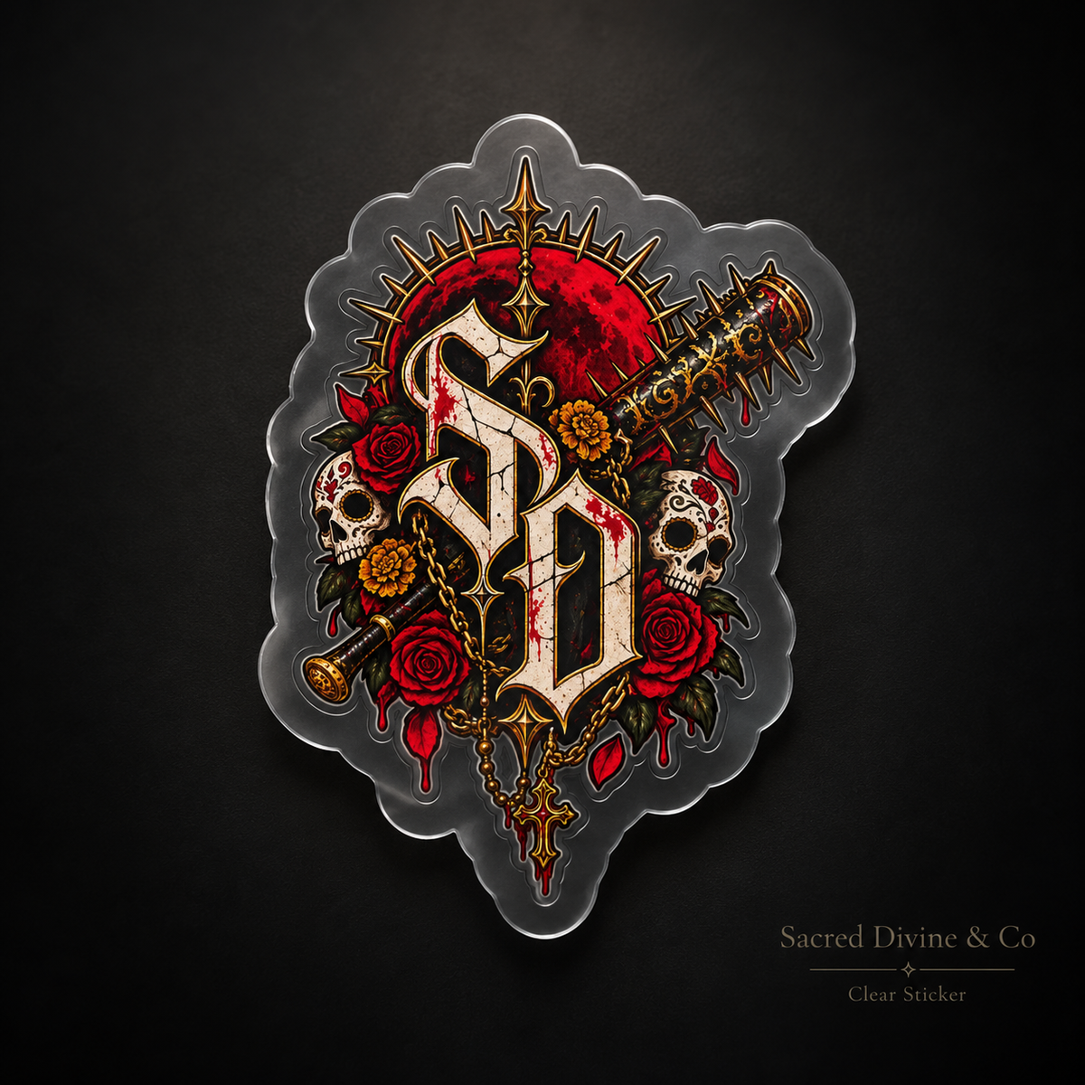 Gallery image 8: Dagger Skull & Roses Decal featuring SD lettering, skulls, red roses, gold detail, and a diagonal dagger.