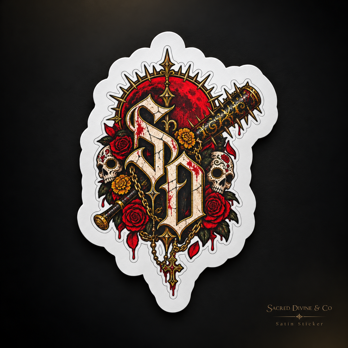 Gallery image 6: Dagger Skull & Roses Decal featuring SD lettering, skulls, red roses, gold detail, and a diagonal dagger.