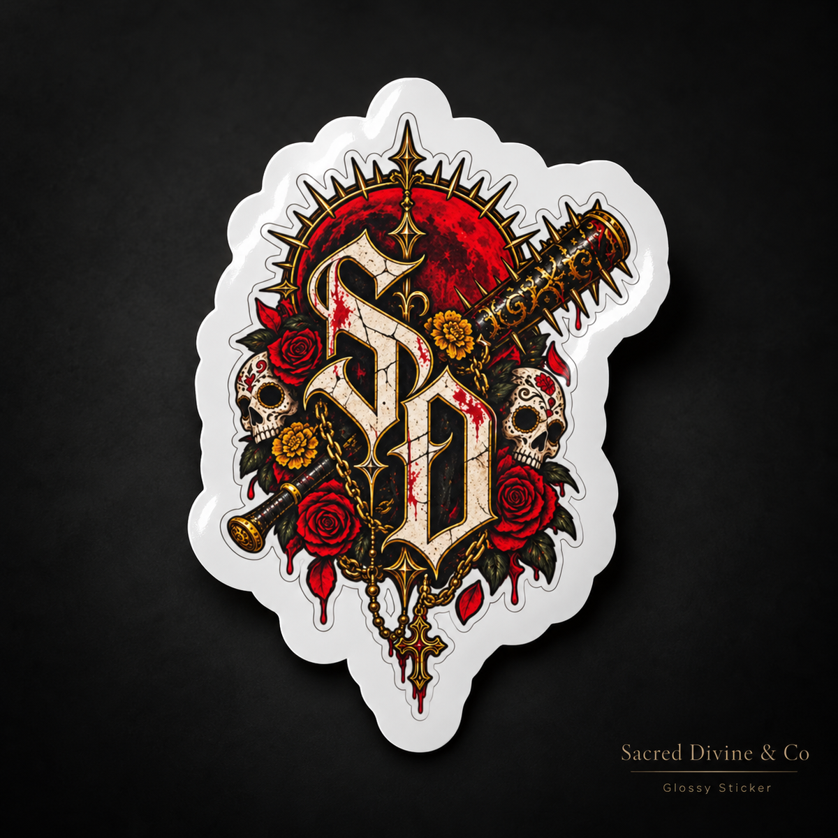 Gallery image 3: Dagger Skull & Roses Decal featuring SD lettering, skulls, red roses, gold detail, and a diagonal dagger.