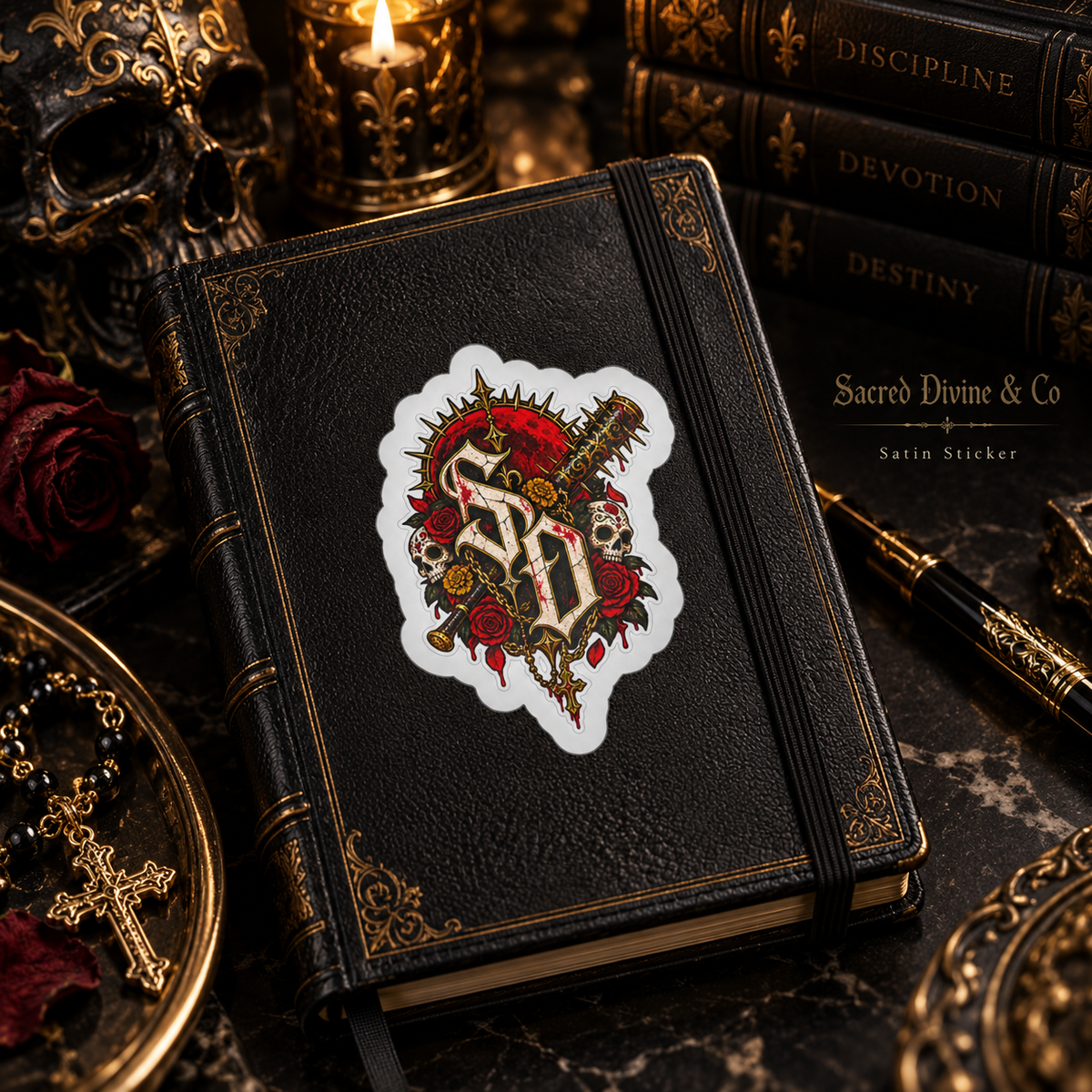 Gallery image 5: Dagger Skull & Roses Decal featuring SD lettering, skulls, red roses, gold detail, and a diagonal dagger.