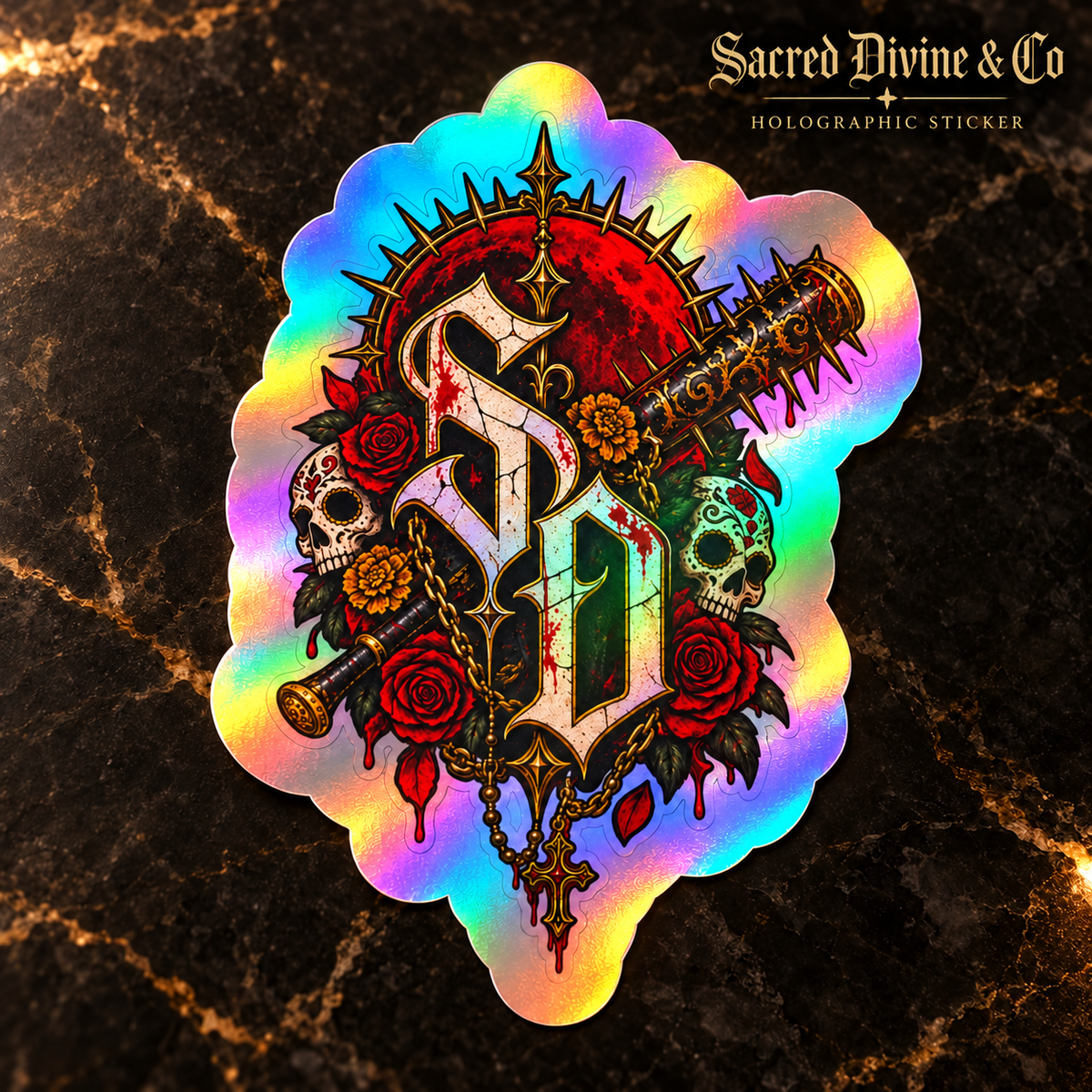 Gallery image 4: Dagger Skull & Roses Decal featuring SD lettering, skulls, red roses, gold detail, and a diagonal dagger.