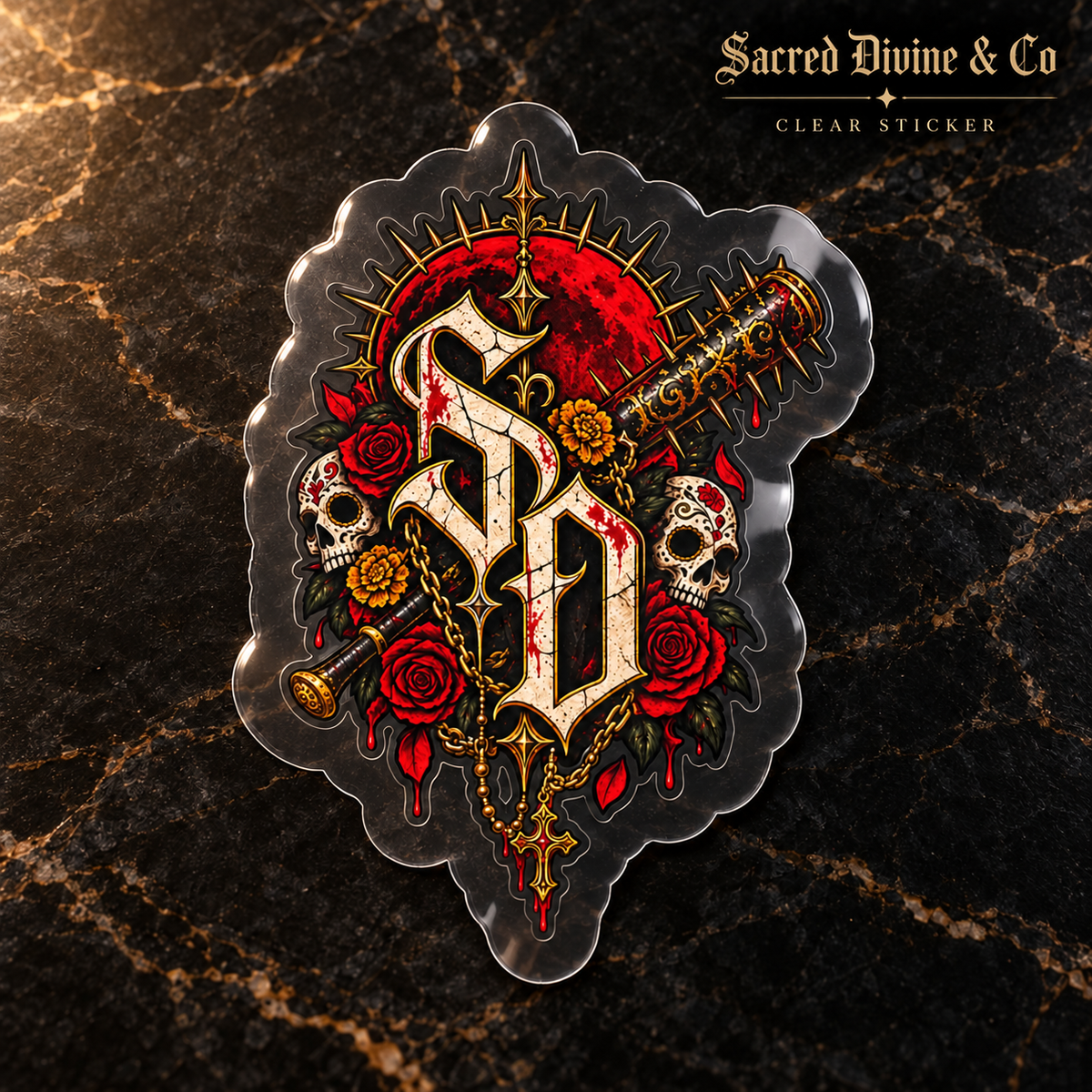 Gallery image 2: Dagger Skull & Roses Decal featuring SD lettering, skulls, red roses, gold detail, and a diagonal dagger.