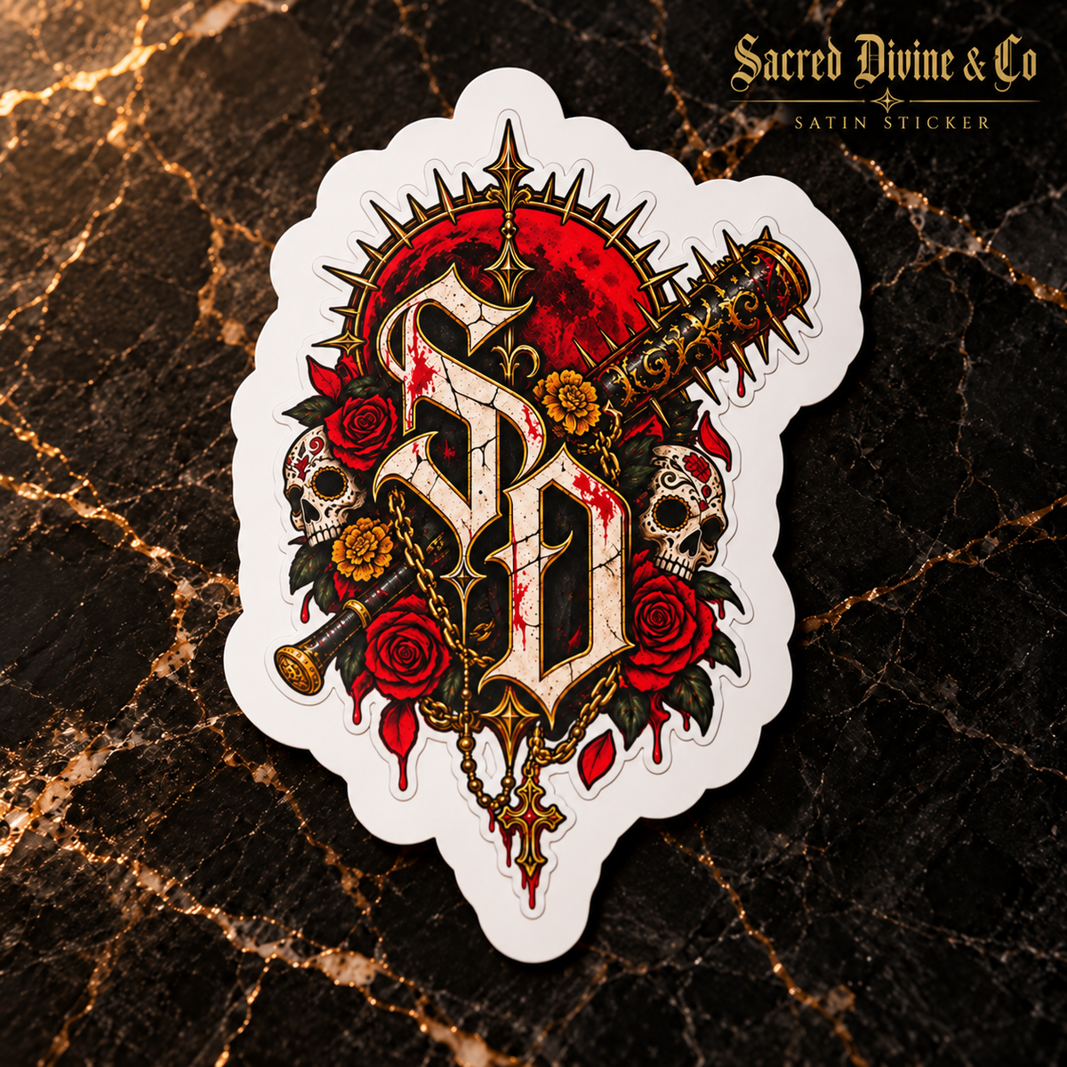 Kiss-cut decal with SD lettering, skulls, red roses, gold details, and a diagonal dagger.