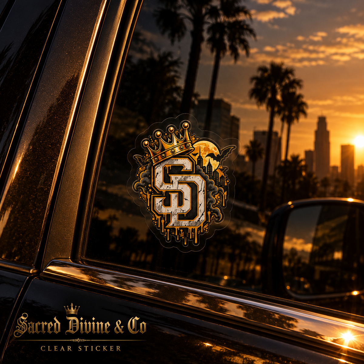 Gallery image 7: Crowned SD Cityscape Decal featuring crowned SD monogram, moonlit city skyline, bats, and gold accents.