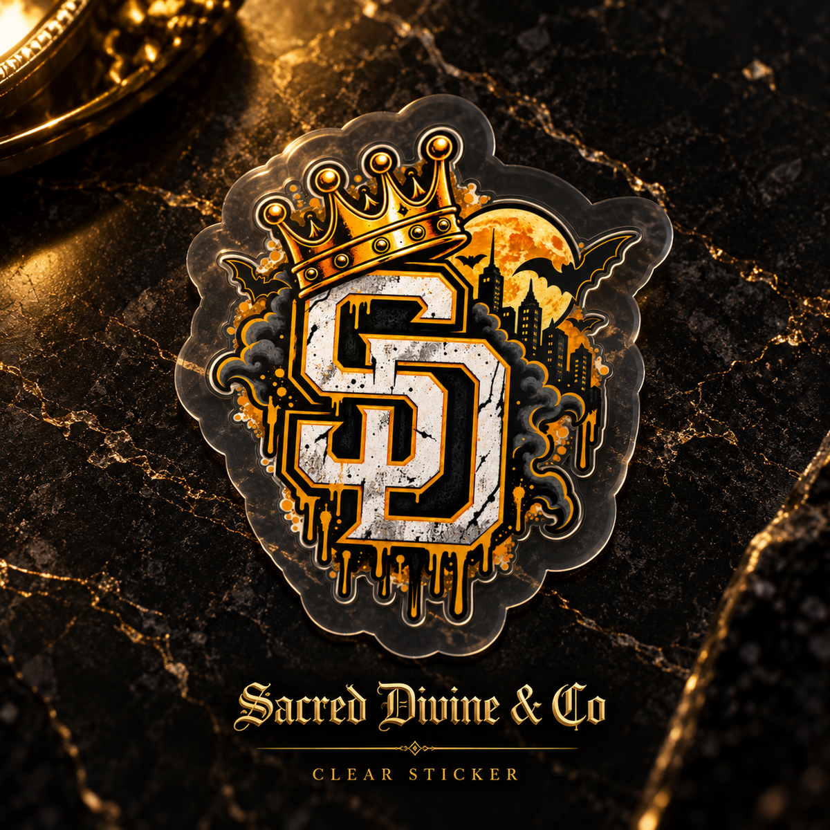 Gallery image 2: Crowned SD Cityscape Decal featuring crowned SD monogram, moonlit city skyline, bats, and gold accents.