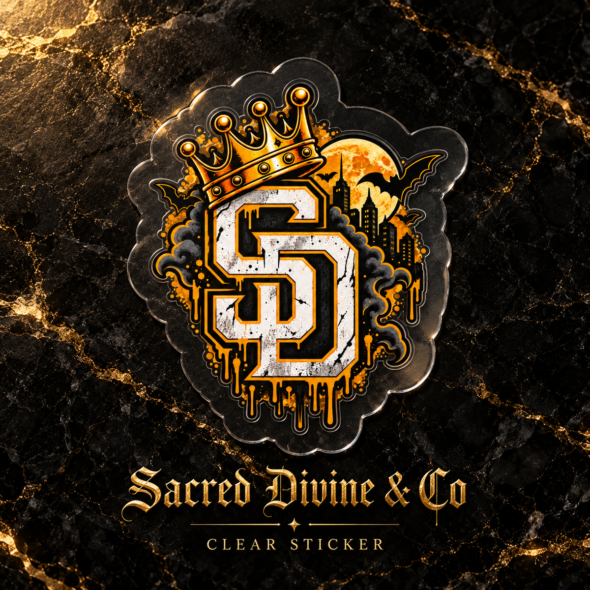 Gallery image 8: Crowned SD Cityscape Decal featuring crowned SD monogram, moonlit city skyline, bats, and gold accents.