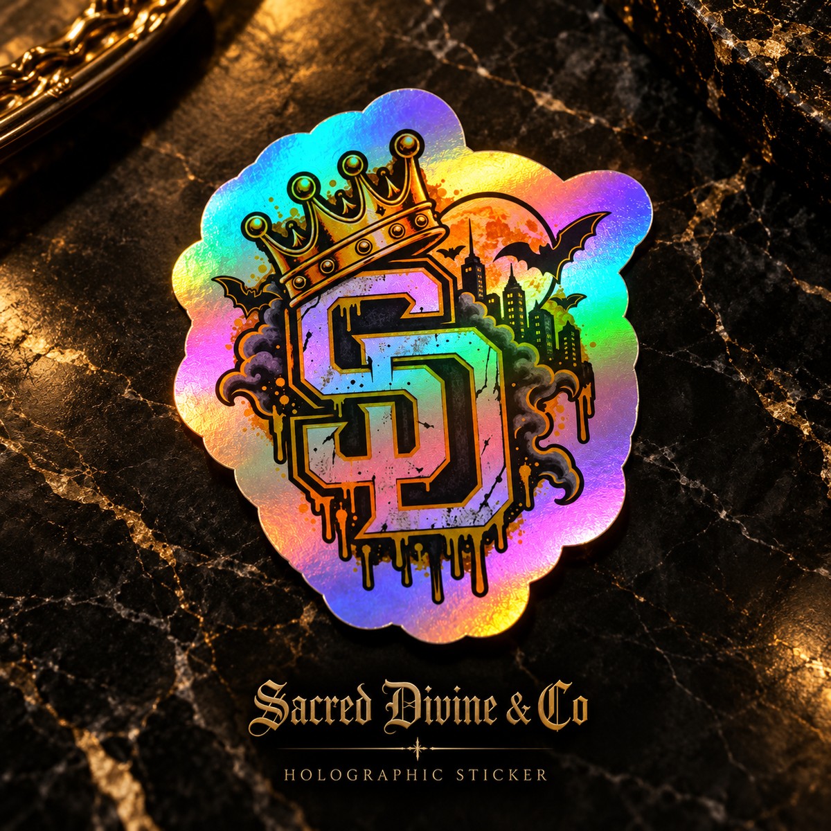 Gallery image 4: Crowned SD Cityscape Decal featuring crowned SD monogram, moonlit city skyline, bats, and gold accents.
