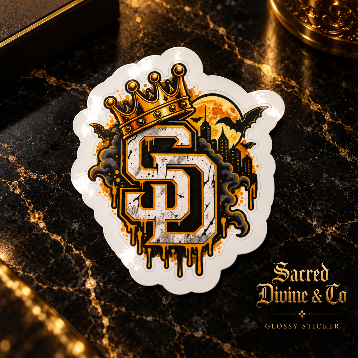 Gallery image 3: Crowned SD Cityscape Decal featuring crowned SD monogram, moonlit city skyline, bats, and gold accents.