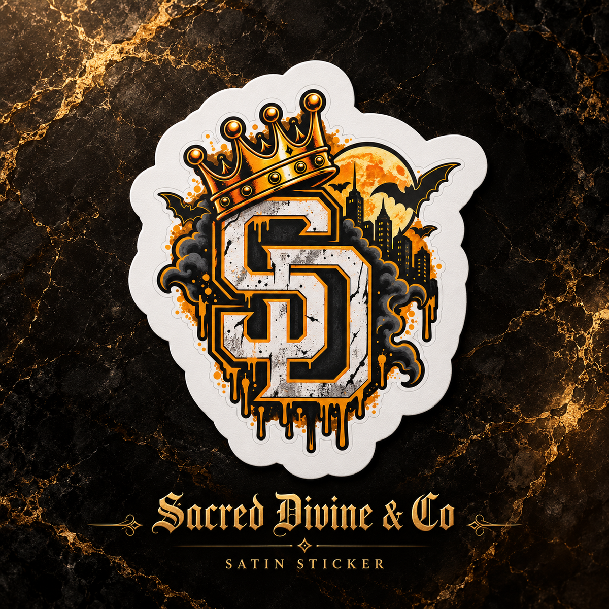 Kiss-cut decal with a crowned SD monogram, moonlit city skyline, bats, and gold accents.