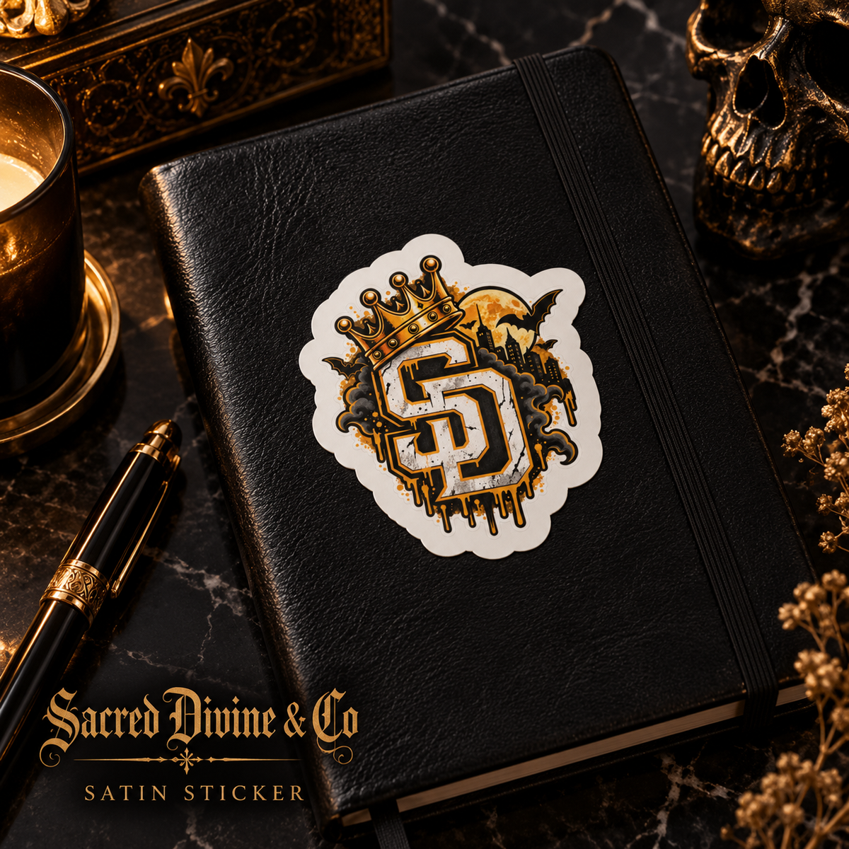 Gallery image 5: Crowned SD Cityscape Decal featuring crowned SD monogram, moonlit city skyline, bats, and gold accents.