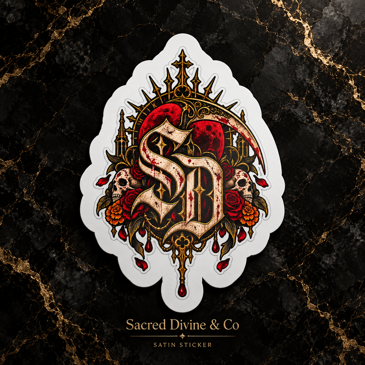 Kiss-cut decal with an ornate SD crest, skulls, red roses, golden flowers, and decorative framing.