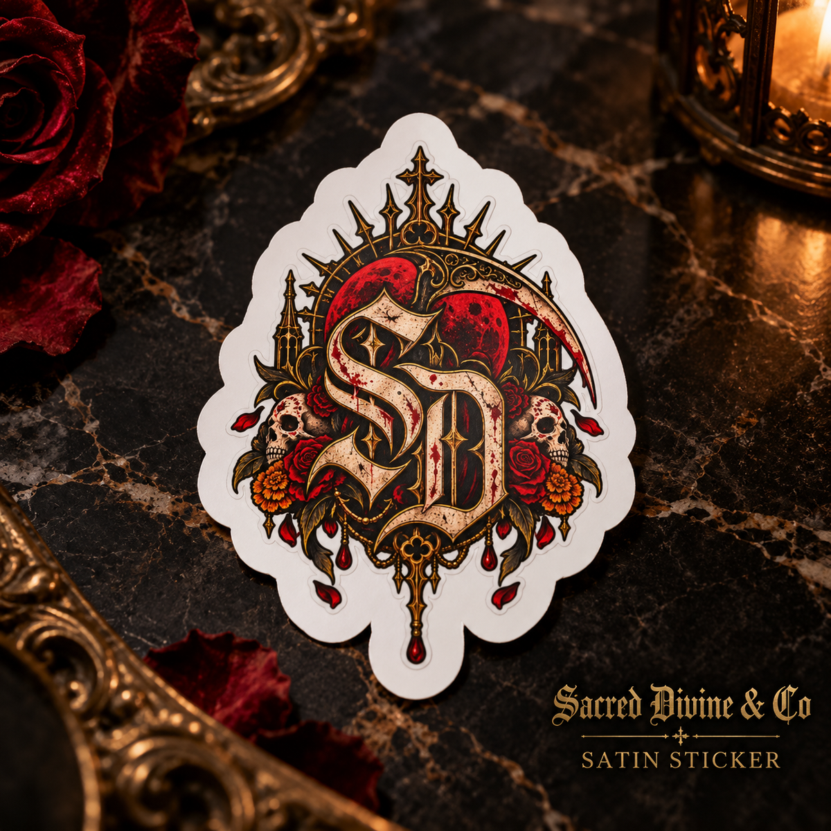 Gallery image 6: Skull & Roses Crest Decal featuring SD crest, skulls, red roses, golden flowers, and ornate framing.