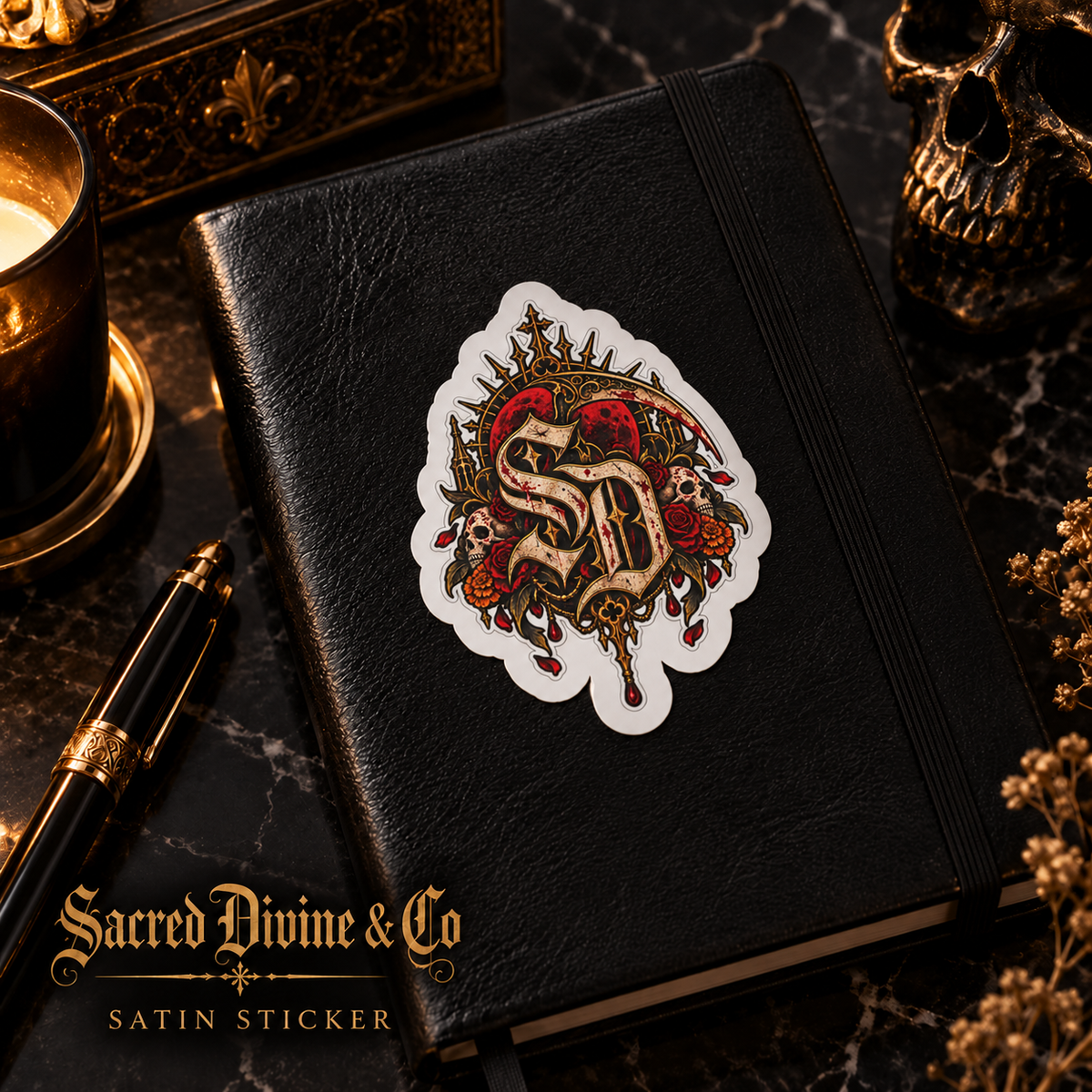 Gallery image 5: Skull & Roses Crest Decal featuring SD crest, skulls, red roses, golden flowers, and ornate framing.