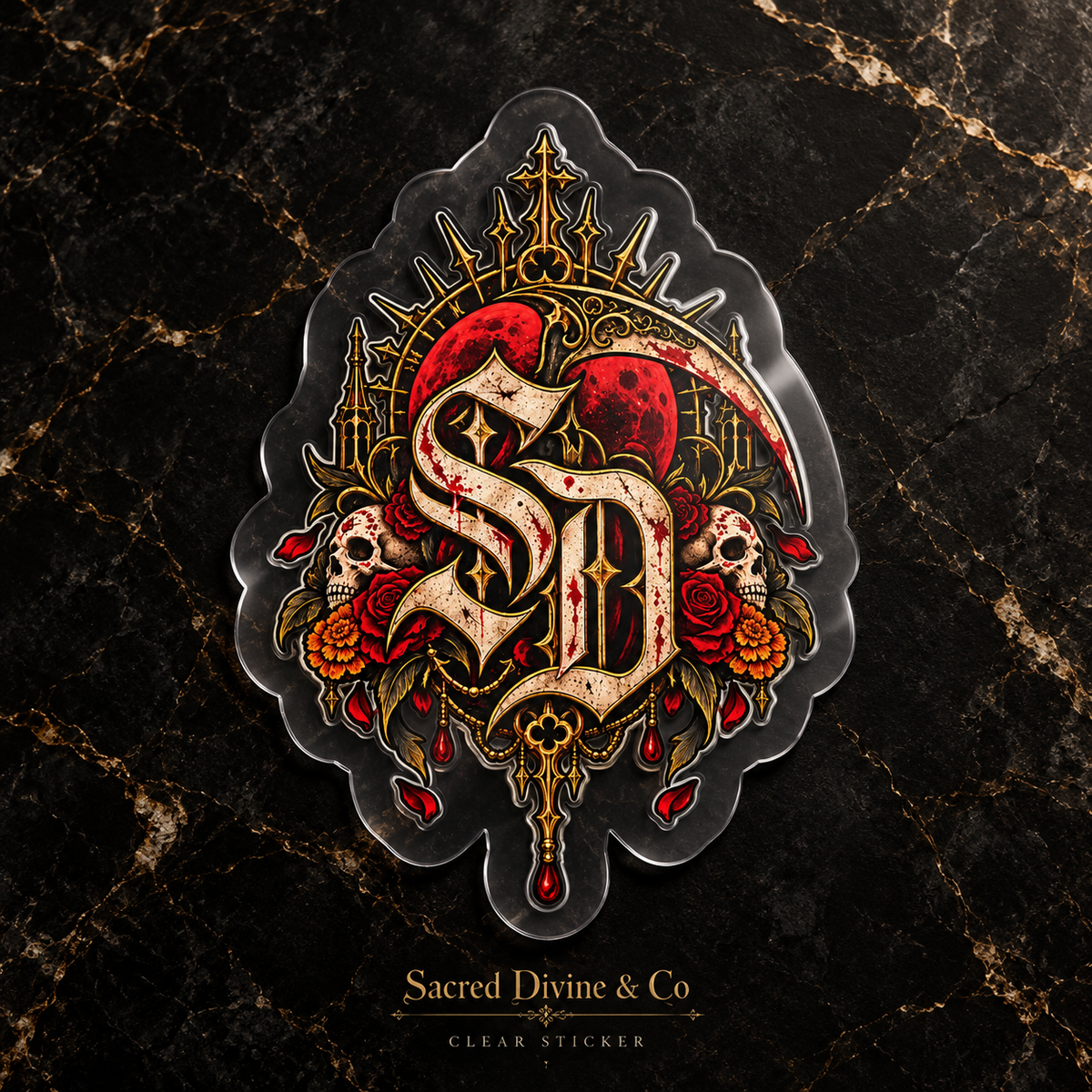 Gallery image 2: Skull & Roses Crest Decal featuring SD crest, skulls, red roses, golden flowers, and ornate framing.