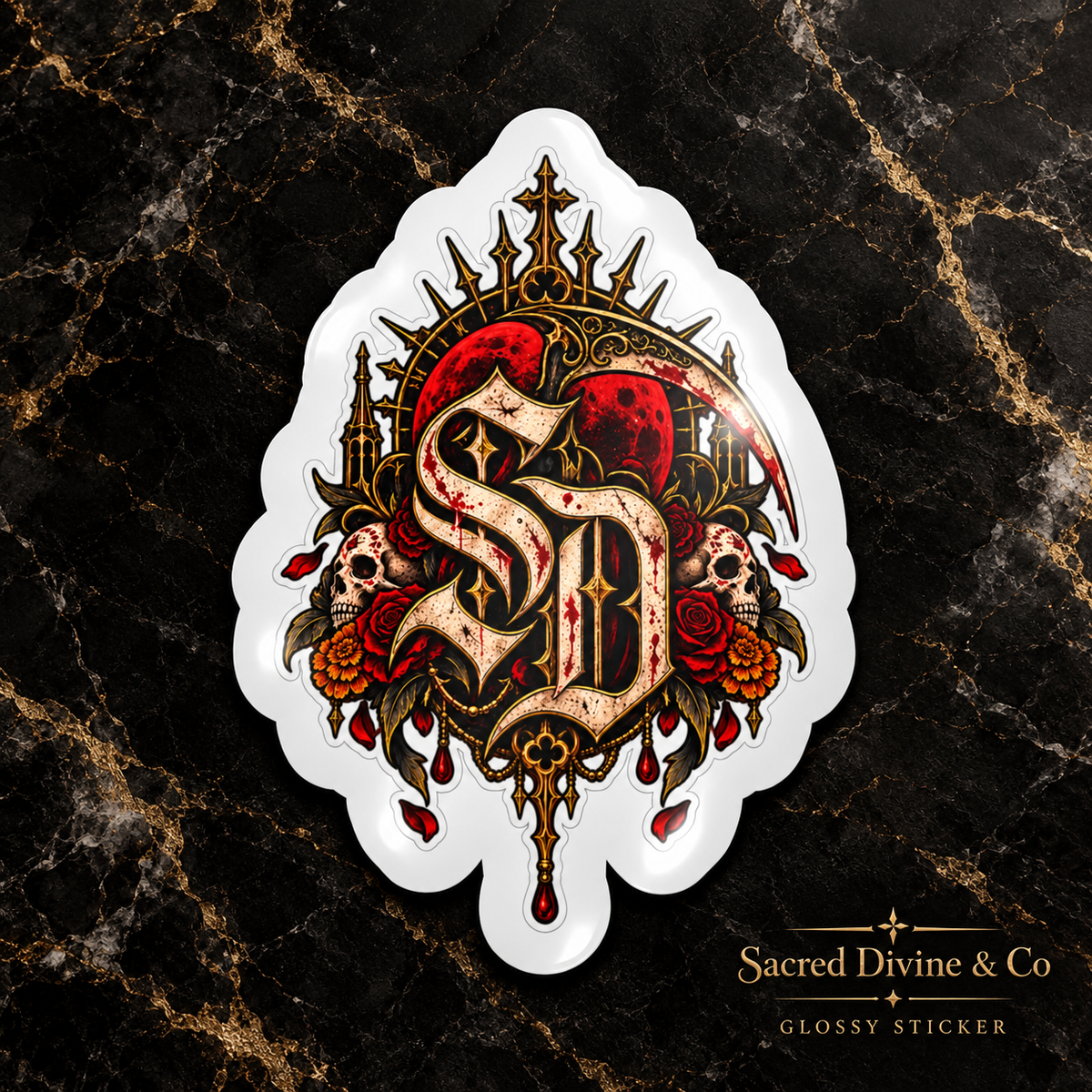 Gallery image 3: Skull & Roses Crest Decal featuring SD crest, skulls, red roses, golden flowers, and ornate framing.