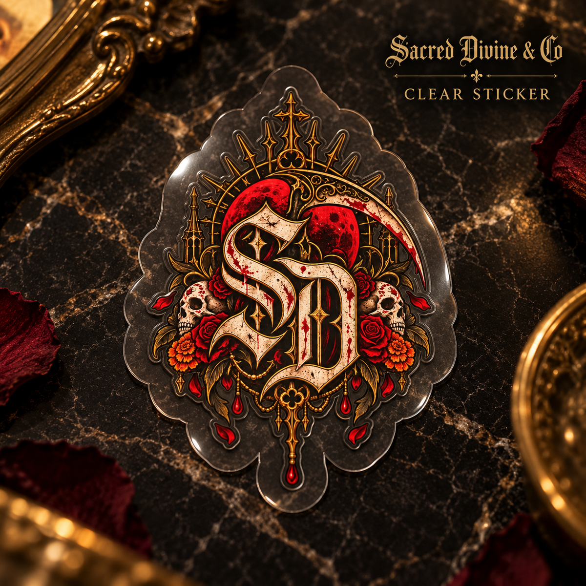 Gallery image 8: Skull & Roses Crest Decal featuring SD crest, skulls, red roses, golden flowers, and ornate framing.