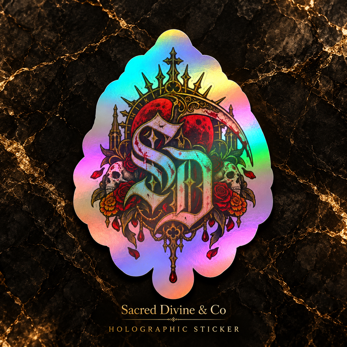 Gallery image 4: Skull & Roses Crest Decal featuring SD crest, skulls, red roses, golden flowers, and ornate framing.