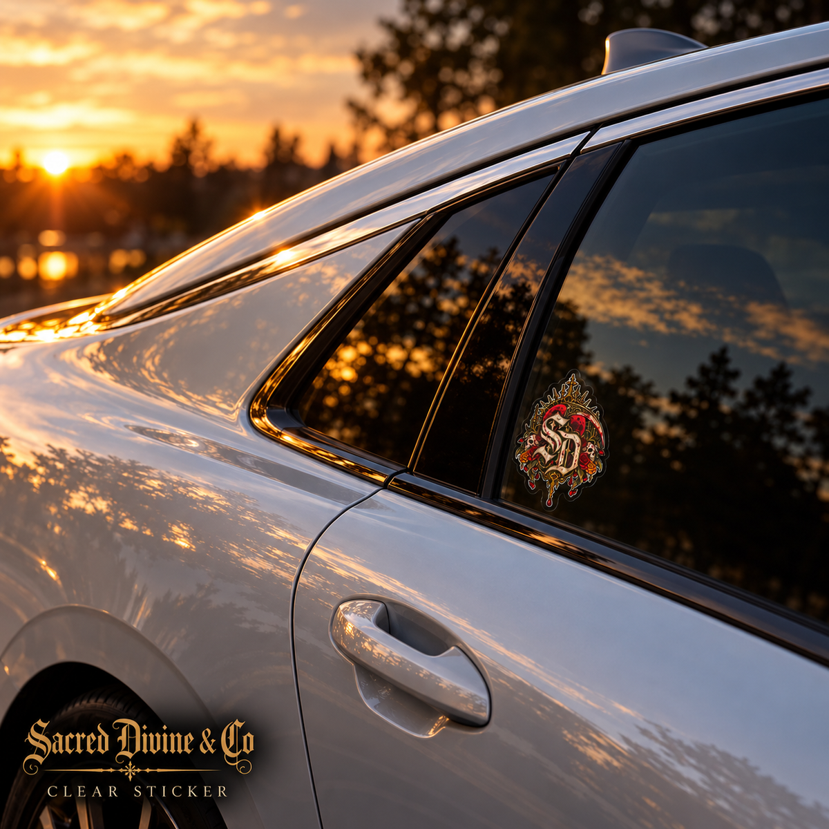 Gallery image 7: Skull & Roses Crest Decal featuring SD crest, skulls, red roses, golden flowers, and ornate framing.