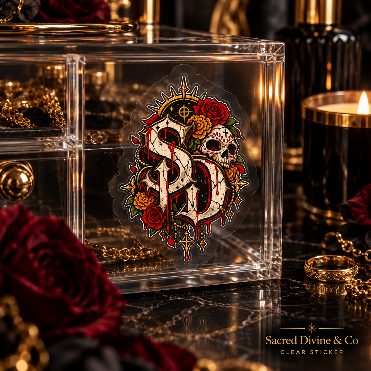 Gallery image 7: Skull & Roses SD Decal featuring ornate SD emblem, skulls, red roses, and a red moon.