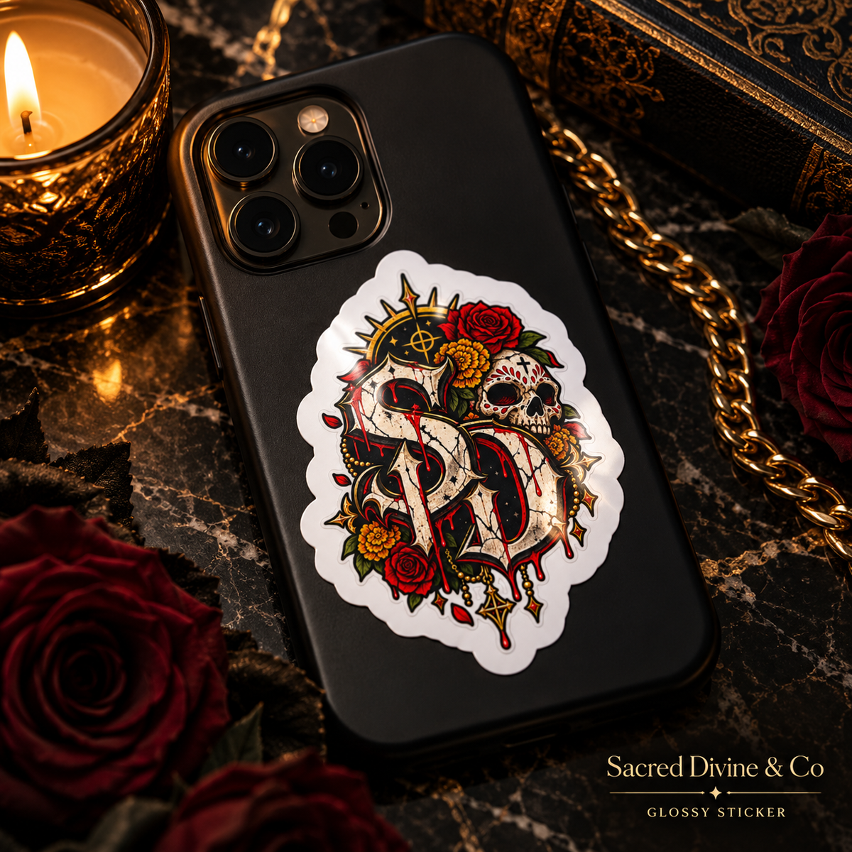 Gallery image 5: Skull & Roses SD Decal featuring ornate SD emblem, skulls, red roses, and a red moon.