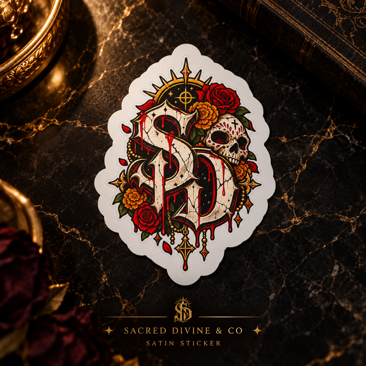 Gallery image 6: Skull & Roses SD Decal featuring ornate SD emblem, skulls, red roses, and a red moon.
