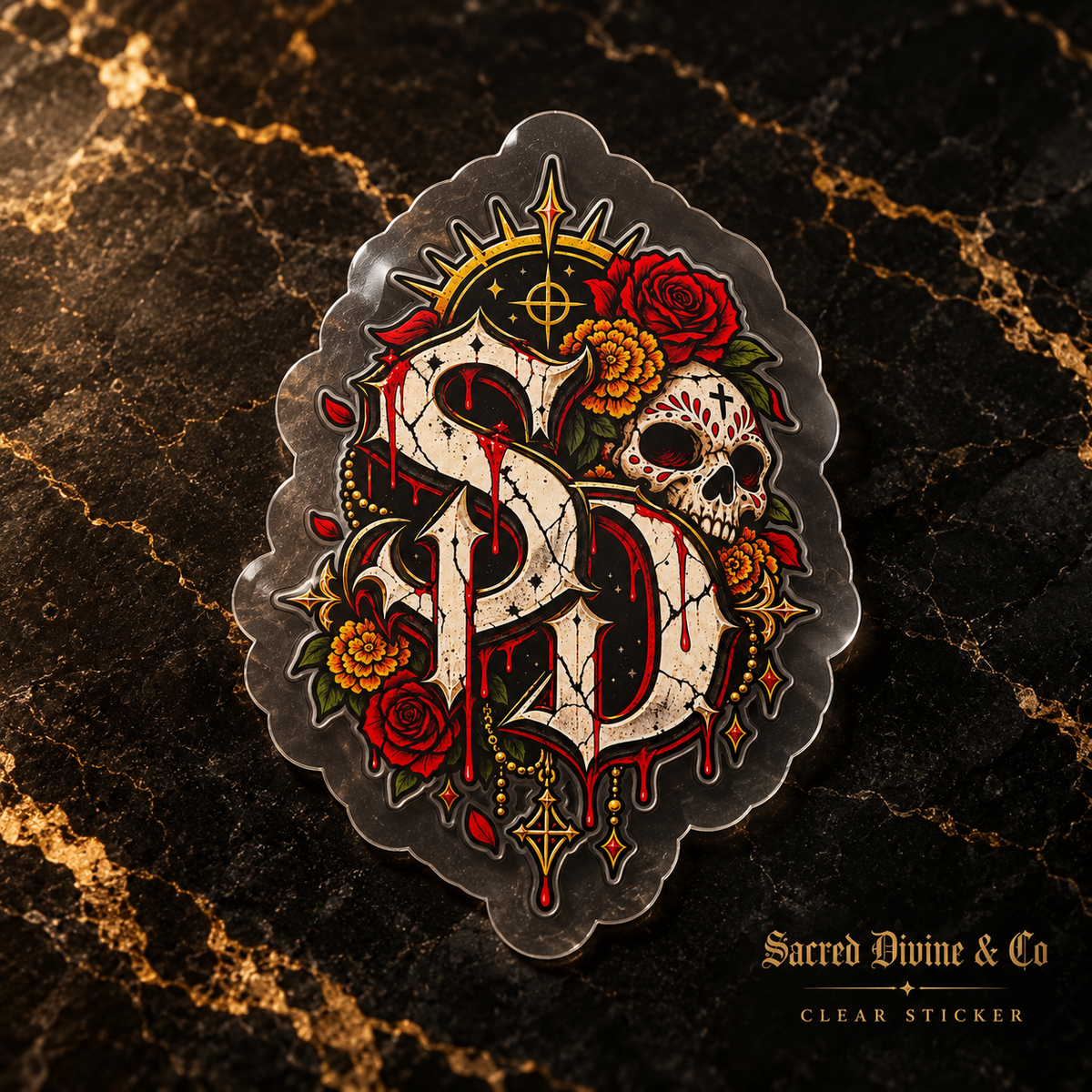 Gallery image 2: Skull & Roses SD Decal featuring ornate SD emblem, skulls, red roses, and a red moon.