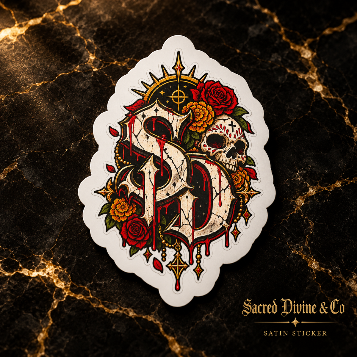 Kiss-cut decal with an ornate SD emblem, skulls, red roses, and a red moon.