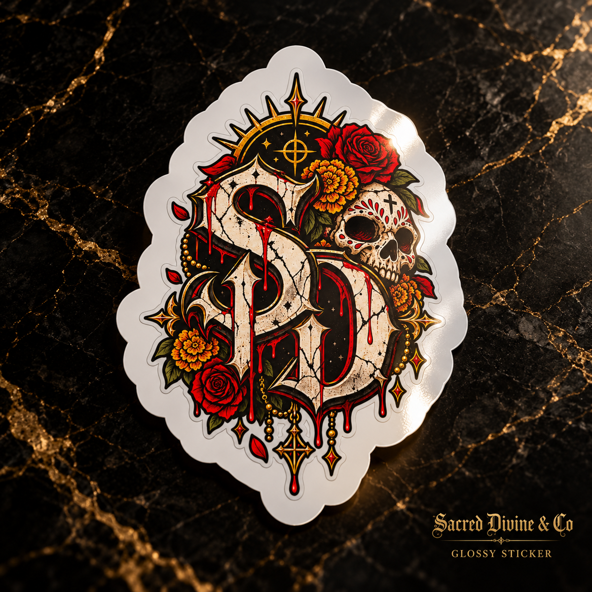 Gallery image 3: Skull & Roses SD Decal featuring ornate SD emblem, skulls, red roses, and a red moon.