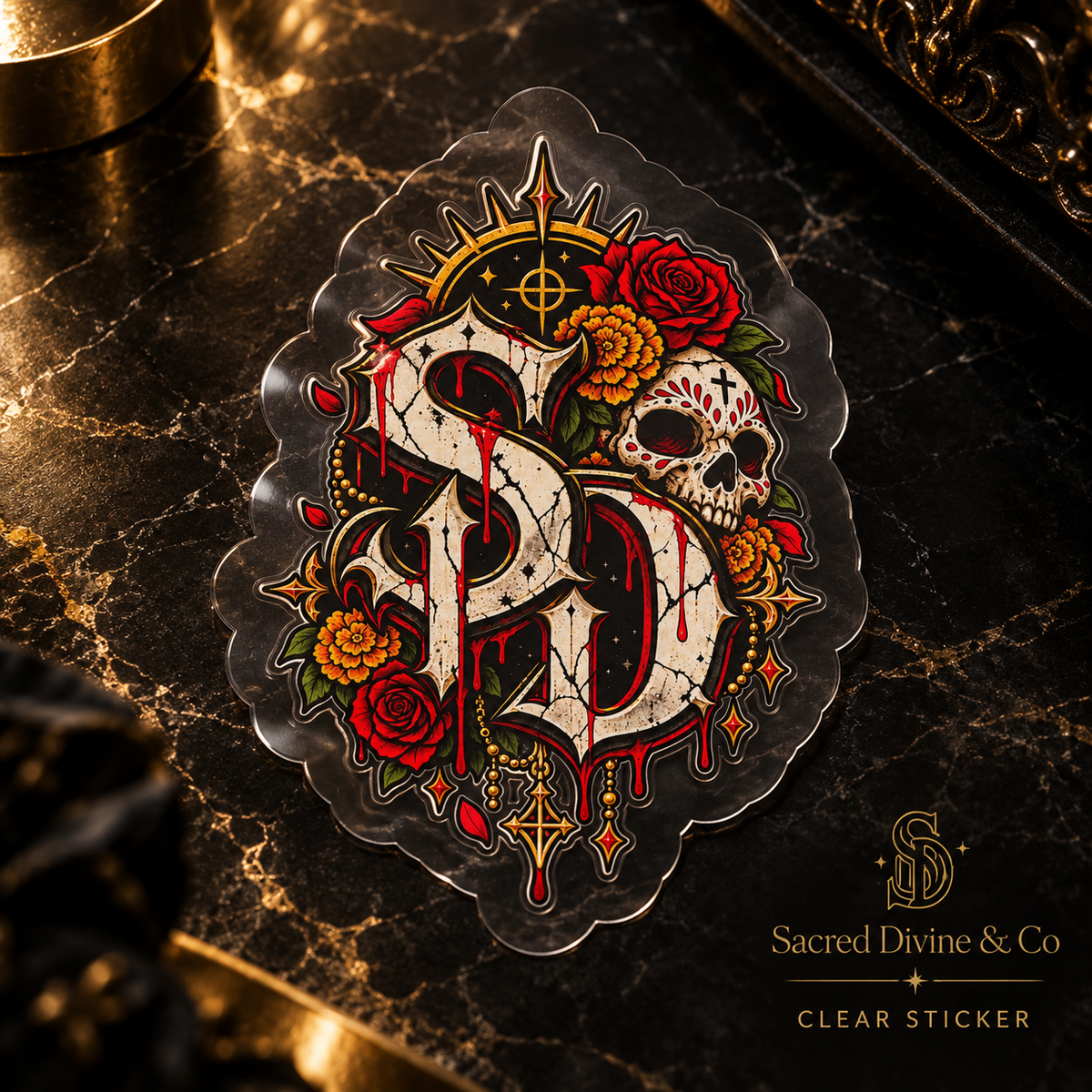 Gallery image 8: Skull & Roses SD Decal featuring ornate SD emblem, skulls, red roses, and a red moon.