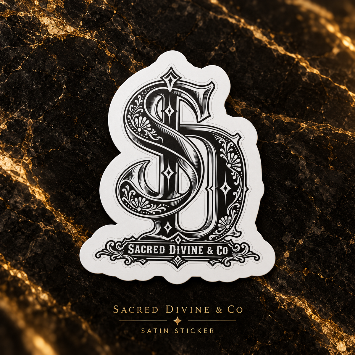 Kiss-cut decal with a black-and-white SD monogram and detailed ornamental linework.