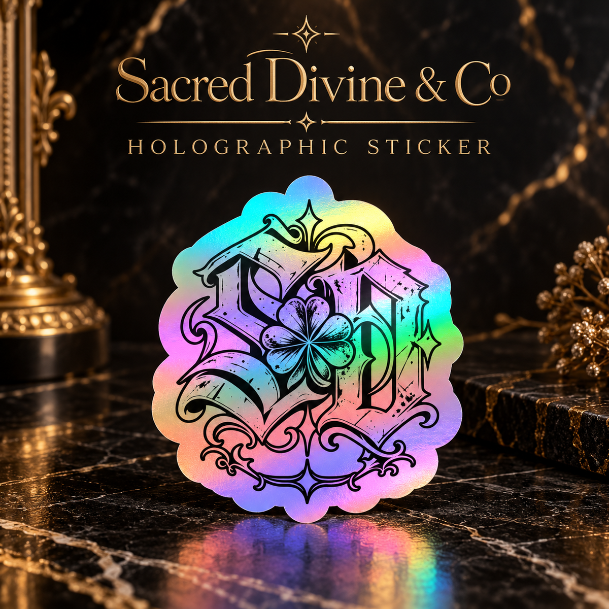 Gallery image 4: Clover SD Monogram Decal featuring black-and-white SD lettering, a four-leaf clover, and scrollwork.