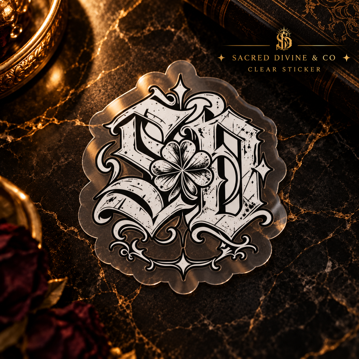 Gallery image 7: Clover SD Monogram Decal featuring black-and-white SD lettering, a four-leaf clover, and scrollwork.