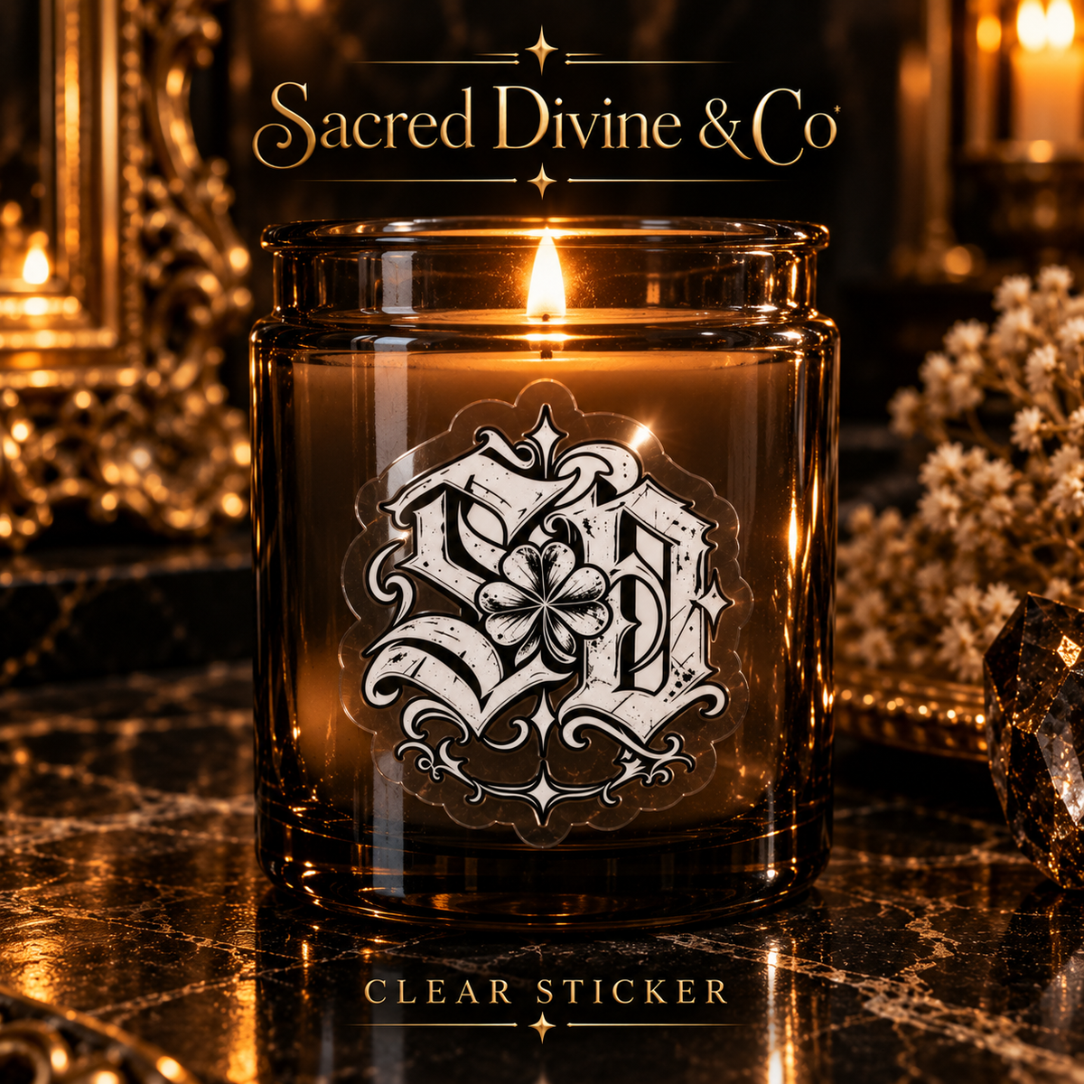 Gallery image 8: Clover SD Monogram Decal featuring black-and-white SD lettering, a four-leaf clover, and scrollwork.
